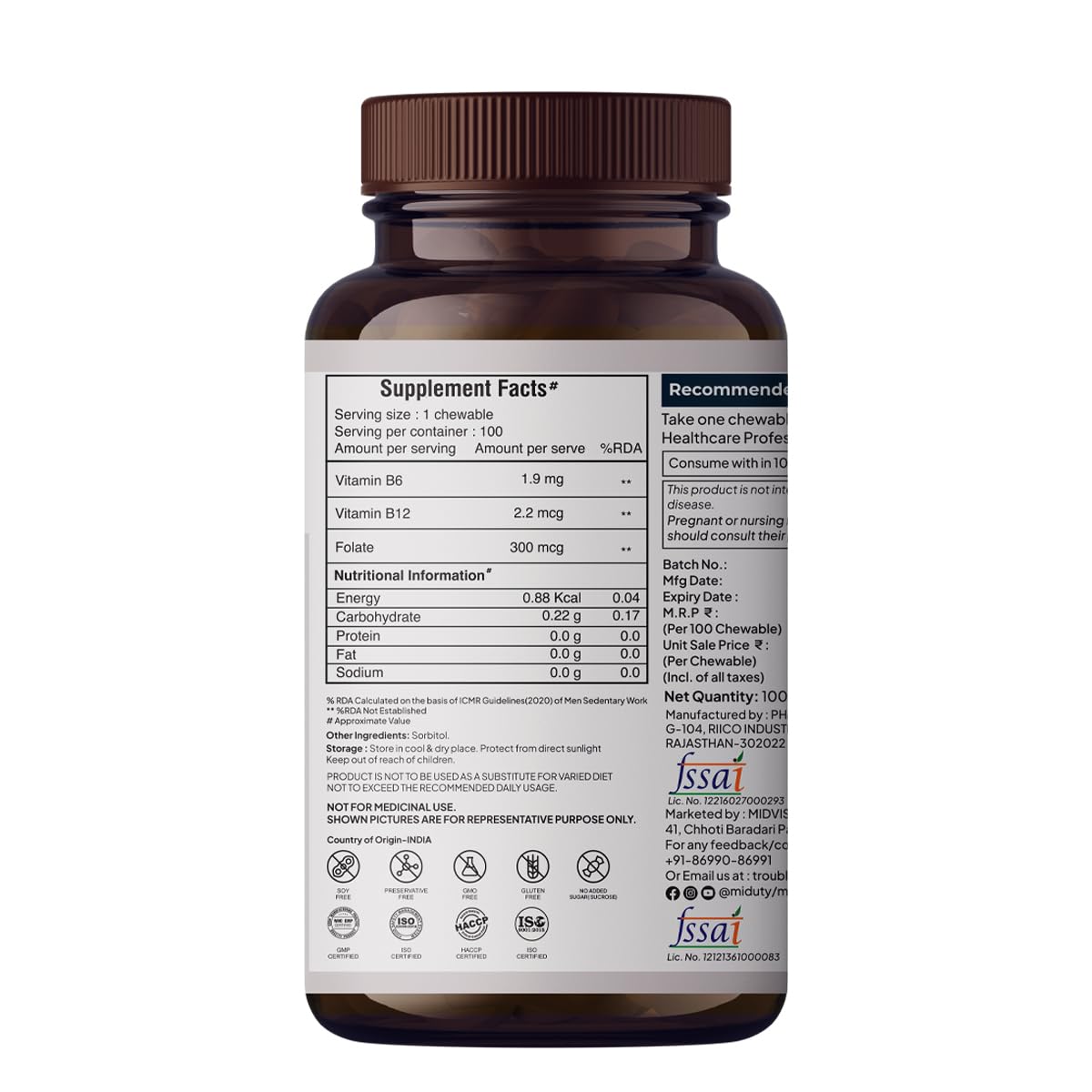 Zephivo Miduty Palak Notes Vitamin B12 Supplement with Methylcobalamin - Folate - Vitamins B6 - Chewable Tablets - 60 Chewables - Vitamin B 12 - Vitamin Tablets for Optimal Health Men & Women