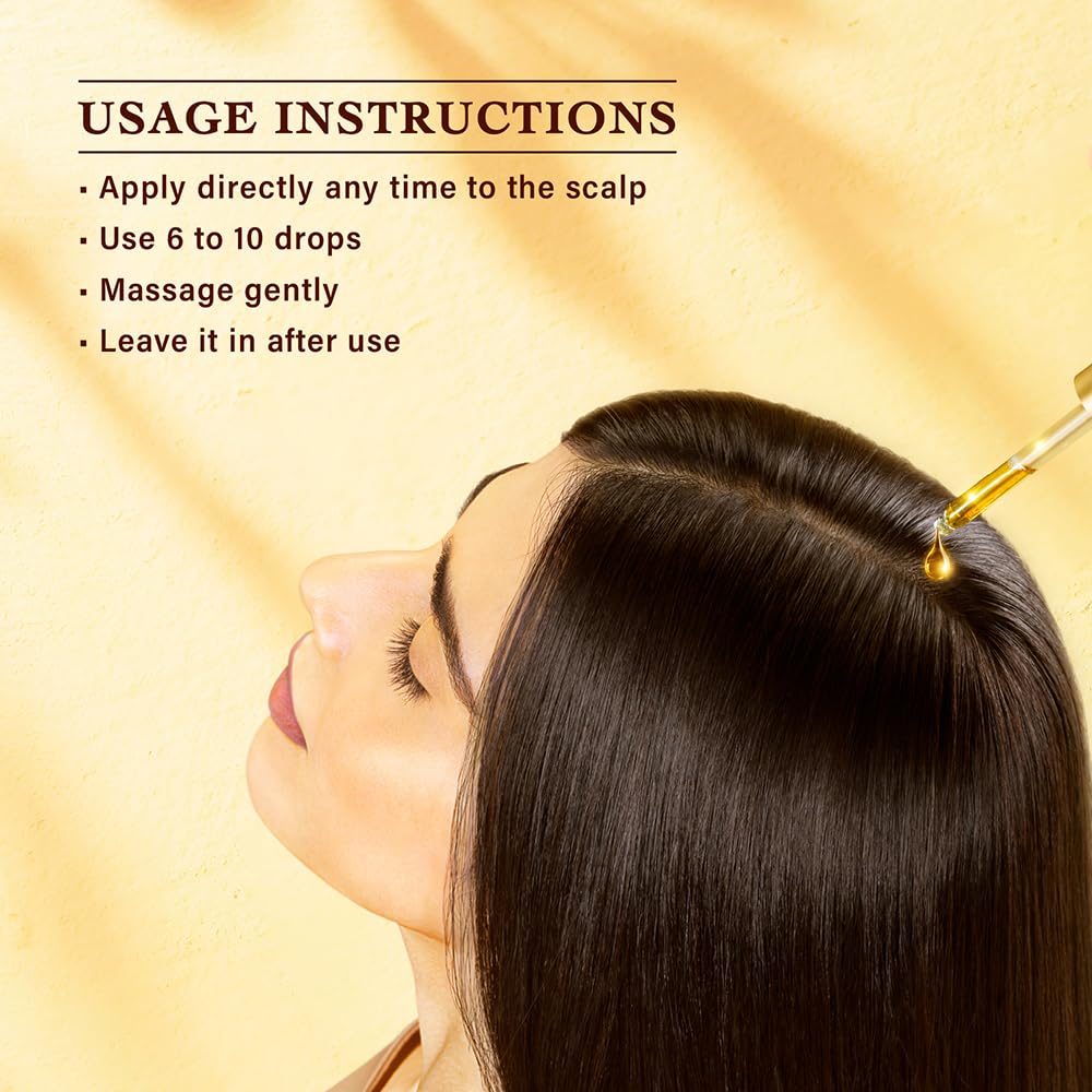 Woman applying oil to her scalp with usage instructions displayed.