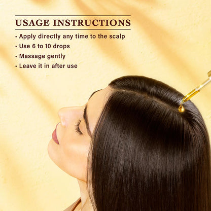Woman applying oil to her scalp with usage instructions displayed.