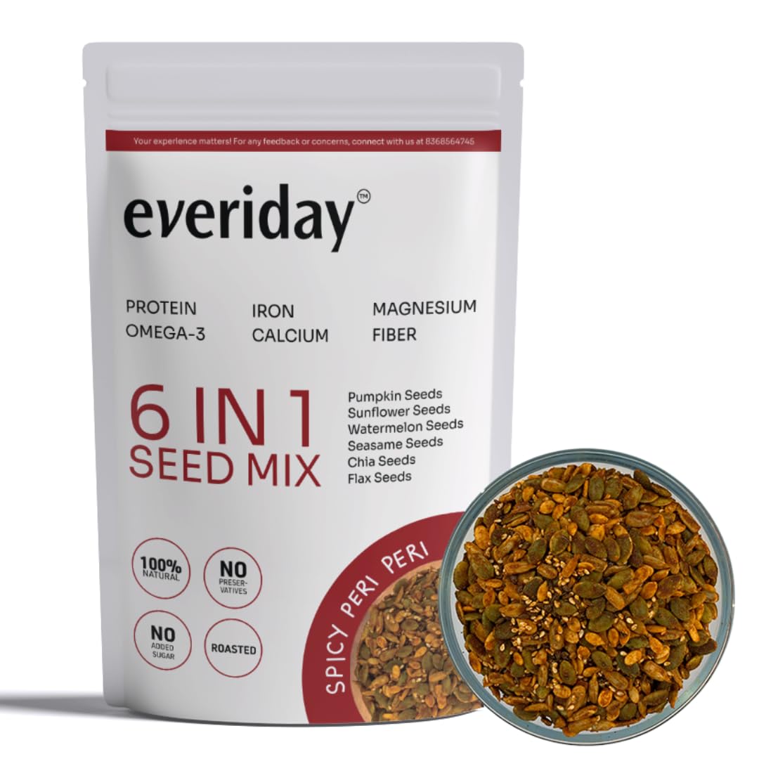 Everiday Spicy Peri Peri Roasted 6-in-1 Super Seed Mix | 250g | Pumpkin, Sunflower, Watermelon, Sesame, Chia & Flax | Healthy Crunchy Snack for Daily Nutrition | High Protein, Fibre & Omega-3 | Vegan & Gluten-Free