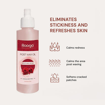 Raaga Professional Post Wax Oil with Soothing Rose and Cocoa Butter for All Skin Types | Calms Redness and Area Post Waxing, Softens Cracked Patches (250 ml)