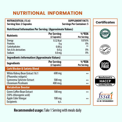 Nutritional information label for a supplement with various certifications on a white background