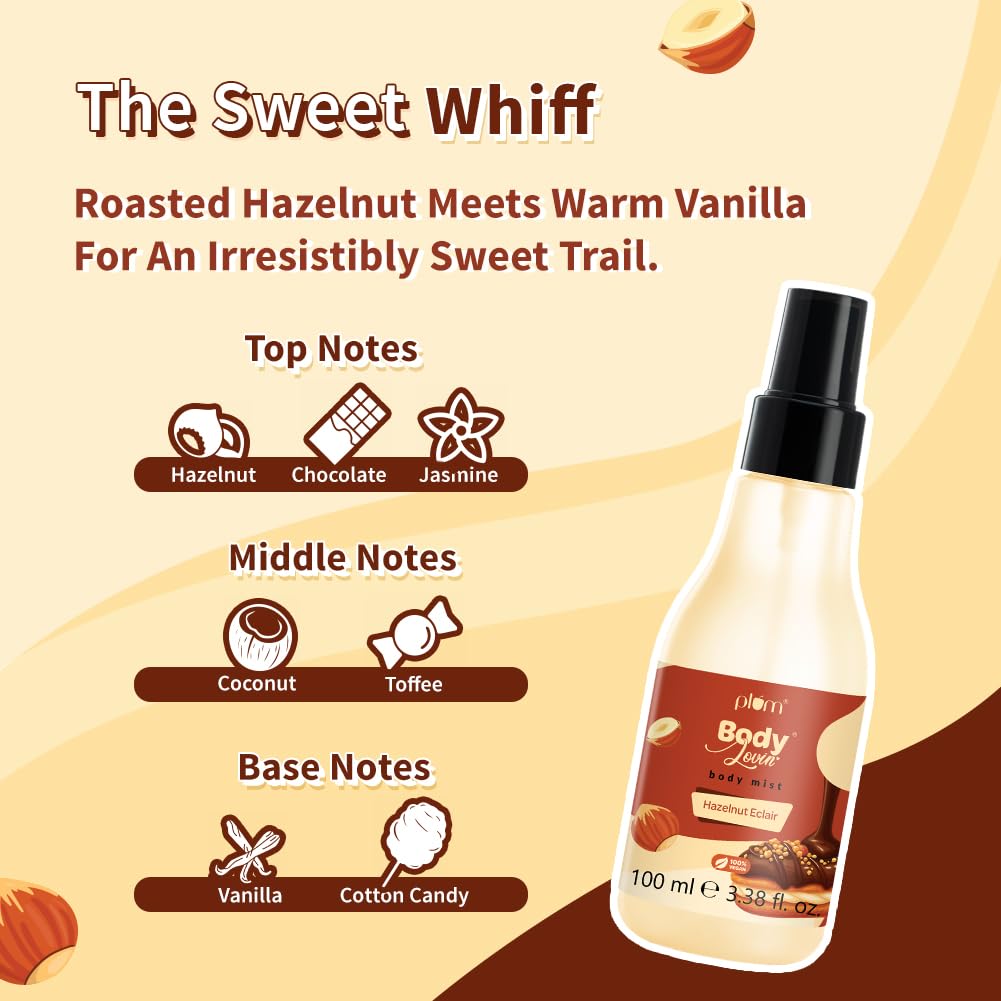 Plum Bodylovin' Hazelnut Eclair Body Mist | Long Lasting Decadent Hazelnut Chocolate Fragrance | Travel-Friendly & Easy To Carry | 100ml