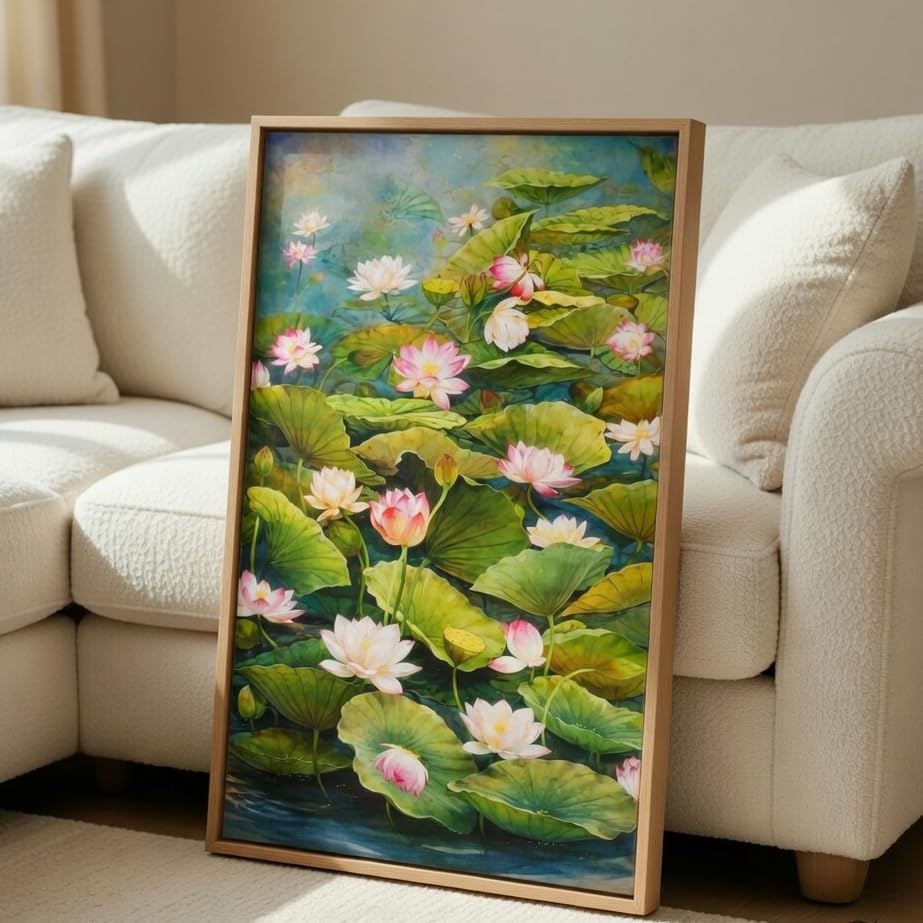 Lotus Pond Wall Painting with Wooden Frame | Elegant Lotus Flower Nature Artwork HD UV Laminated MDF Wall Decor | Floral Water Garden Wall Art for Living Room Bedroom