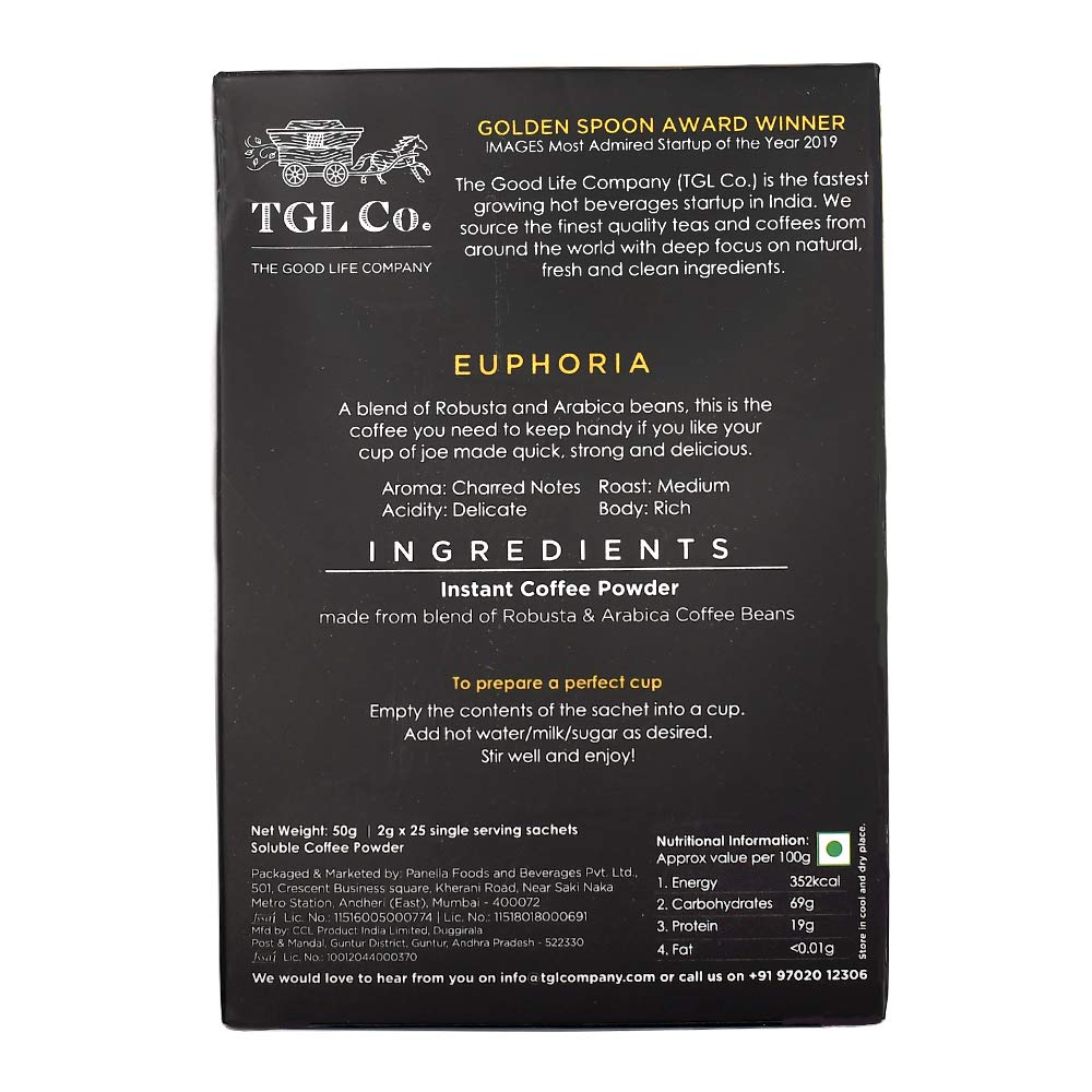 TGL Co. Euphoria Premium Instant Filter Coffee Sachet (25 Sachets) Crafted from Premium Arabica and Robusta Beans | Travel Pack