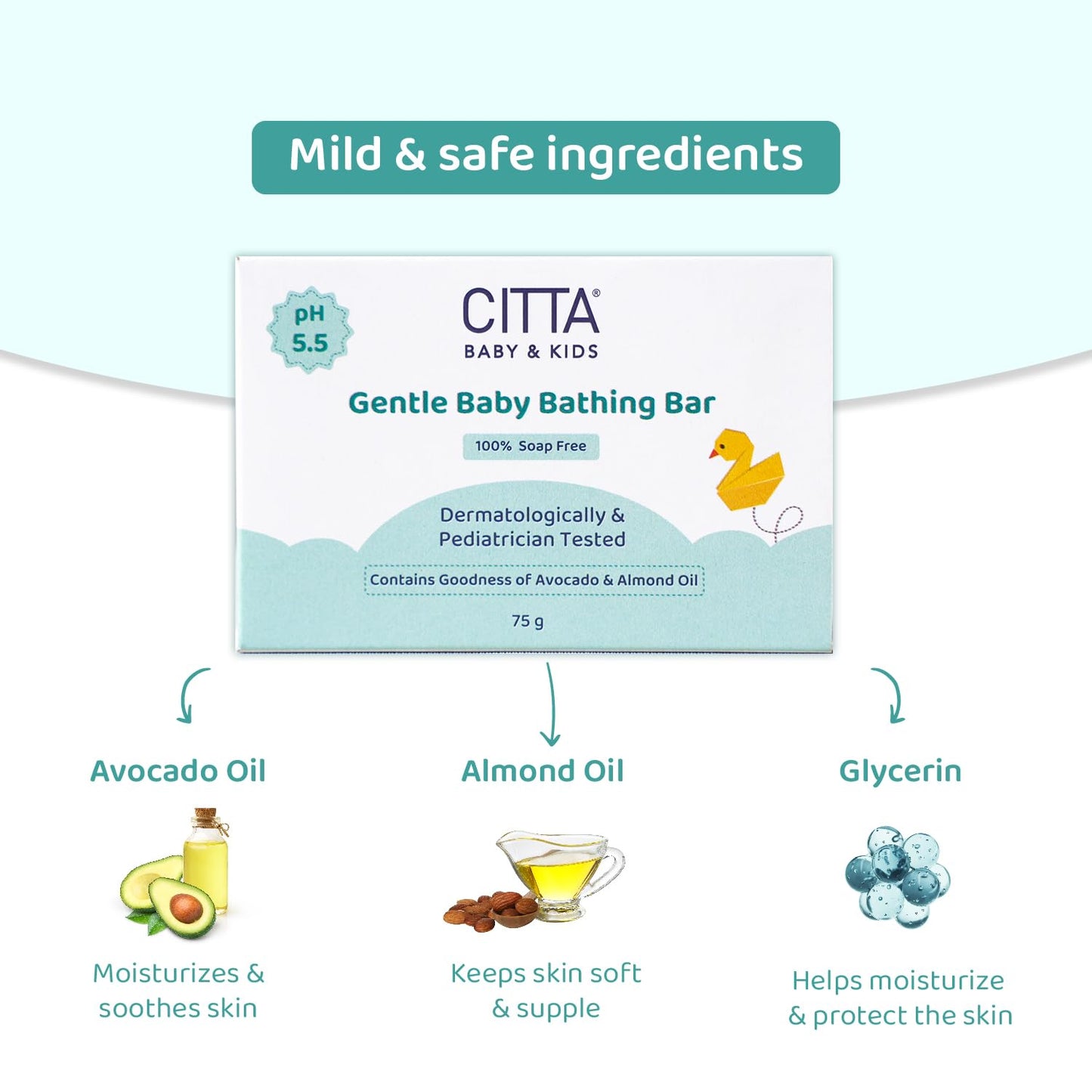 CITTA Bathing Bar for Babies & Kids | Soap-Free, No Tears | Dermatologist Approved pH Balanced Wash for Sensitive Skin | Gentle Moisturizing Formula for Soft & Glowing Skin | 75g