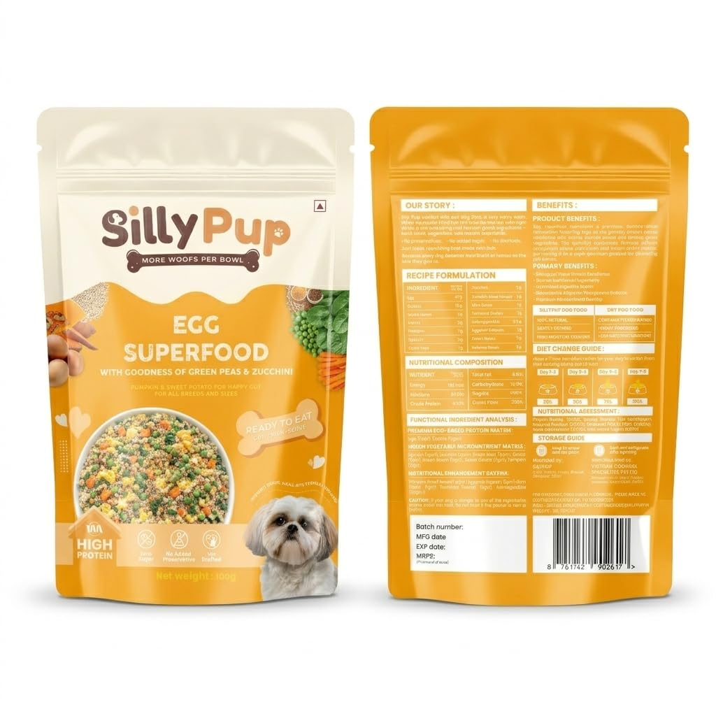 Silly Pup Egg Superfood for Dogs| Real Eggs, Quinoa, 7 Vegetables, Turmeric, Ashwagandha & Eggshell Calcium | No Preservatives | Vet Crafted | Human-Grade (1 Pouch, 100g)