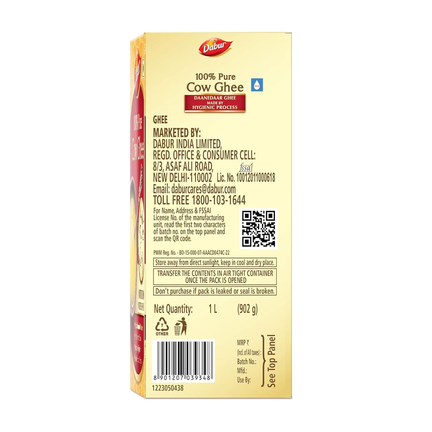 Dabur 100% Pure Cow Ghee - 1l (902g) | Daanedaar with Rich Aroma | Rich in Vitamin A | Provides Energy/Source of Energy