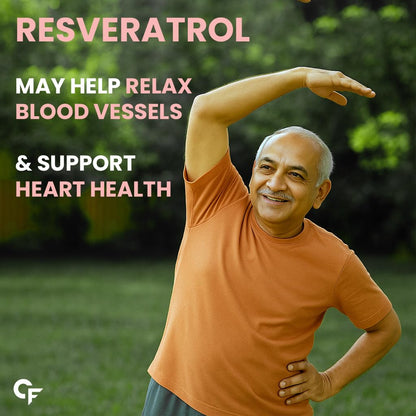 Man exercising outdoors with text about resveratrol benefits