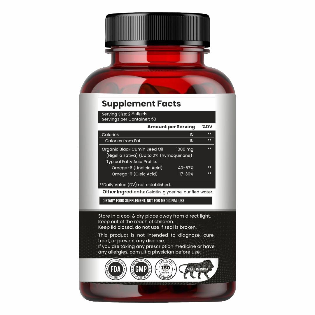 Pure Organic Cold-Pressed Black Seed Oil Softgels - Non-GMO Pure Nigella Sativa Black Cumin Seed Oil for Beauty Immunity & Overall Wellness Support - Thymoquinone-Rich 1000mg Serving 100 softgels