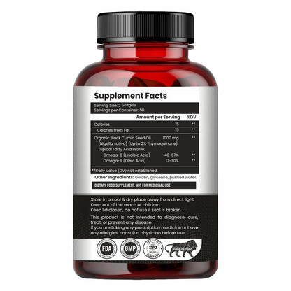 Pure Organic Cold-Pressed Black Seed Oil Softgels - Non-GMO Pure Nigella Sativa Black Cumin Seed Oil for Beauty Immunity & Overall Wellness Support - Thymoquinone-Rich 1000mg Serving 100 softgels