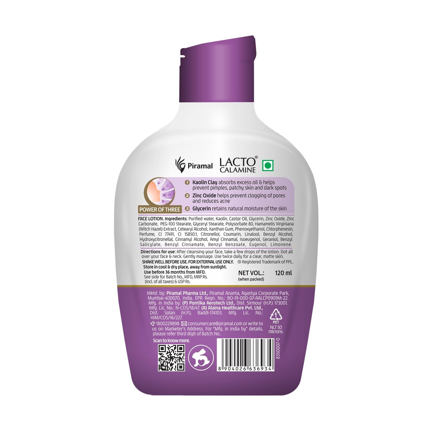 Lacto Calamine bottle with purple cap and label on a white background