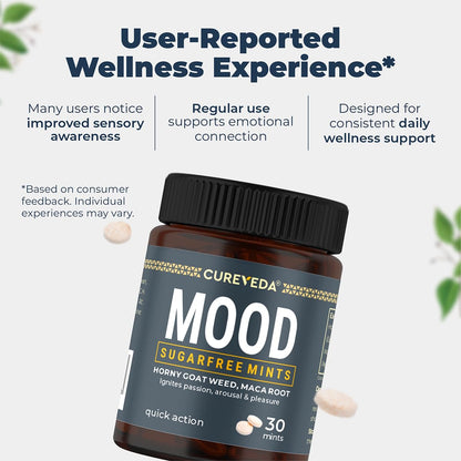 Cureveda Mood Sugarfree Mints packaging with text about user-reported wellness experience on a light background.