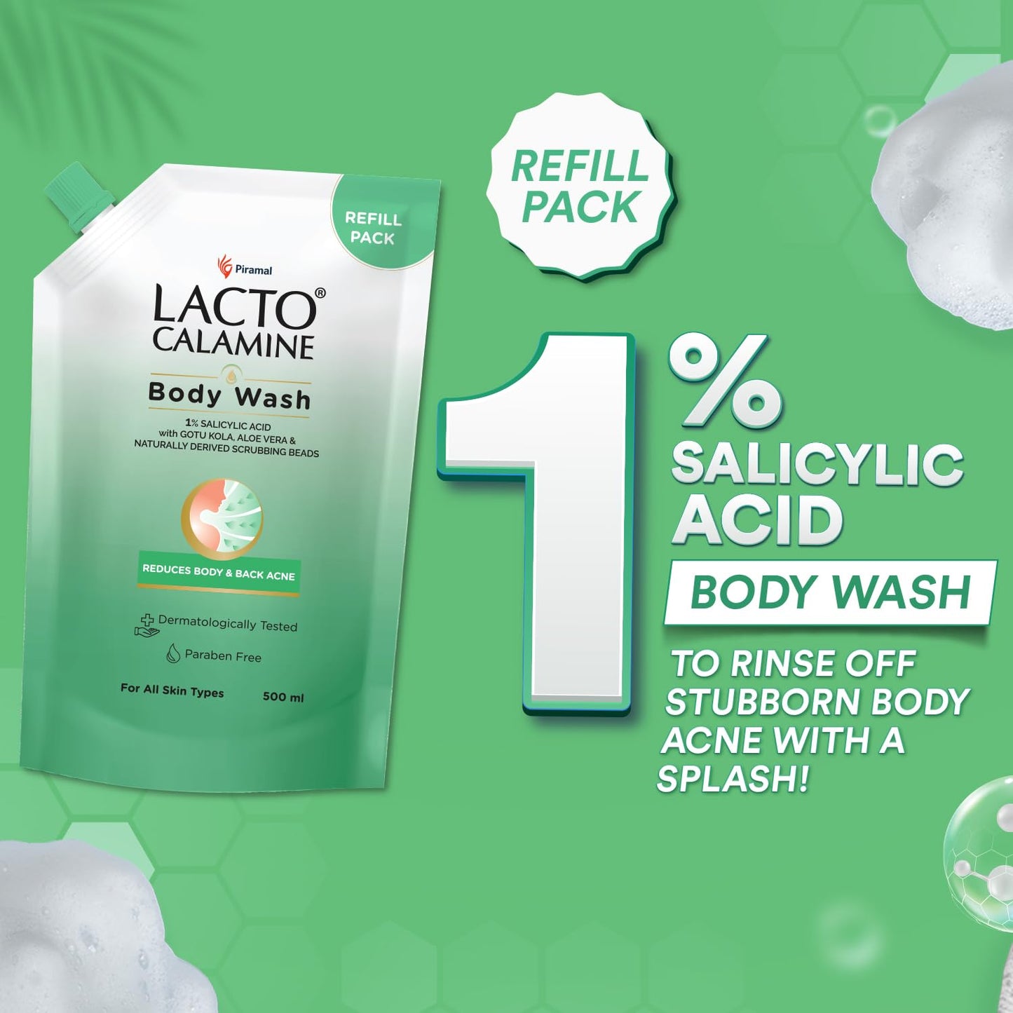 Lacto Calamine 1% Salicylic Acid Body Wash Refill Pouch | 500ml x Pack of 1 | For Body Acne, Back Acne, Rough & Bumpy Skin |Cica, Aloe Vera, Turmeric & Natural Scrub Beads | Shower Gel For Men & Women