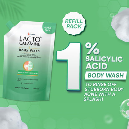 Lacto Calamine 1% Salicylic Acid Body Wash Refill Pouch | 500ml x Pack of 1 | For Body Acne, Back Acne, Rough & Bumpy Skin |Cica, Aloe Vera, Turmeric & Natural Scrub Beads | Shower Gel For Men & Women