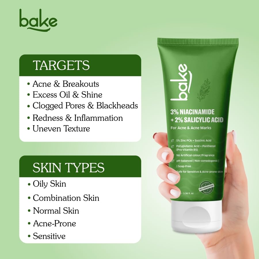BAKE 2% Salicylic Acid & 3% Niacinamide Face Wash for Oily, Acne-Prone Skin | Treats Active Breakouts & Fades Marks & Dark Spots | Daily Anti-Acne Cleanser - 100ml