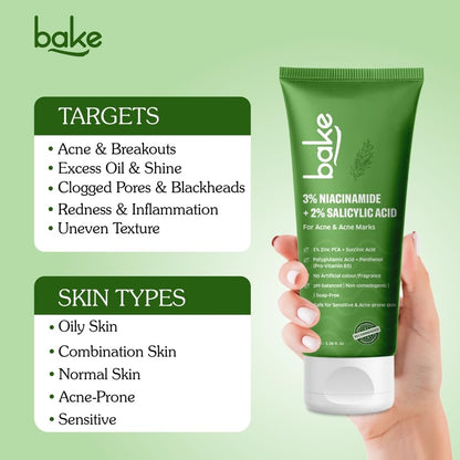 BAKE 2% Salicylic Acid & 3% Niacinamide Face Wash for Oily, Acne-Prone Skin | Treats Active Breakouts & Fades Marks & Dark Spots | Daily Anti-Acne Cleanser - 100ml
