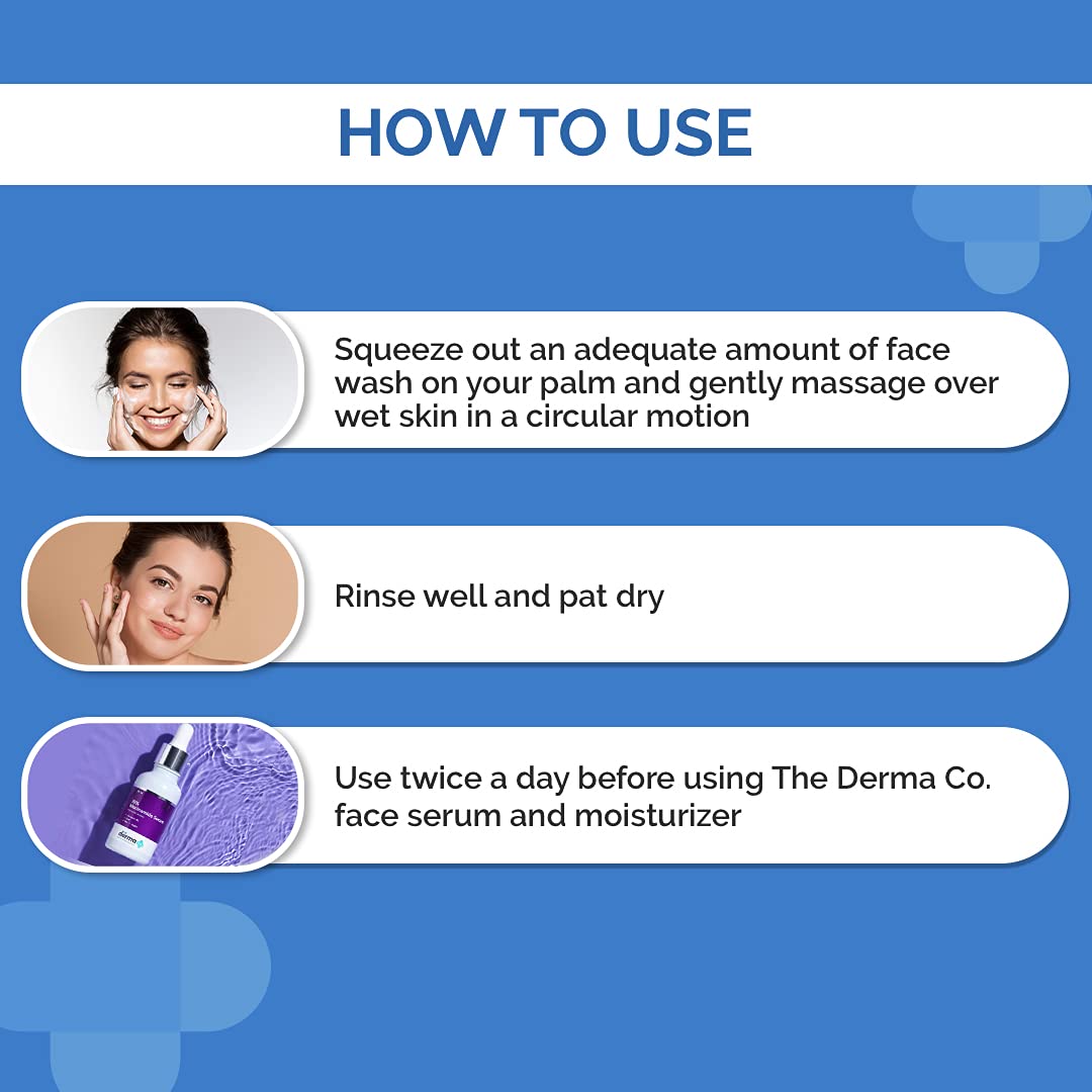 Instructions on how to use face wash with a blue background