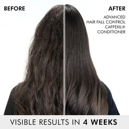 Comparison of hair before and after using Advanced Hair Fall Control Caffeexil conditioner, showing visible results in 4 weeks.