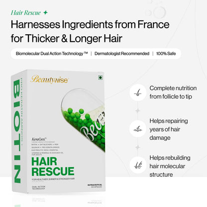 Beautywise Hair Rescue product packaging with text highlighting features on a white background