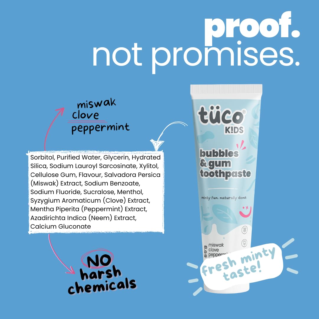Tube of tüco Kids bubbles & gum toothpaste with ingredient list on a blue background