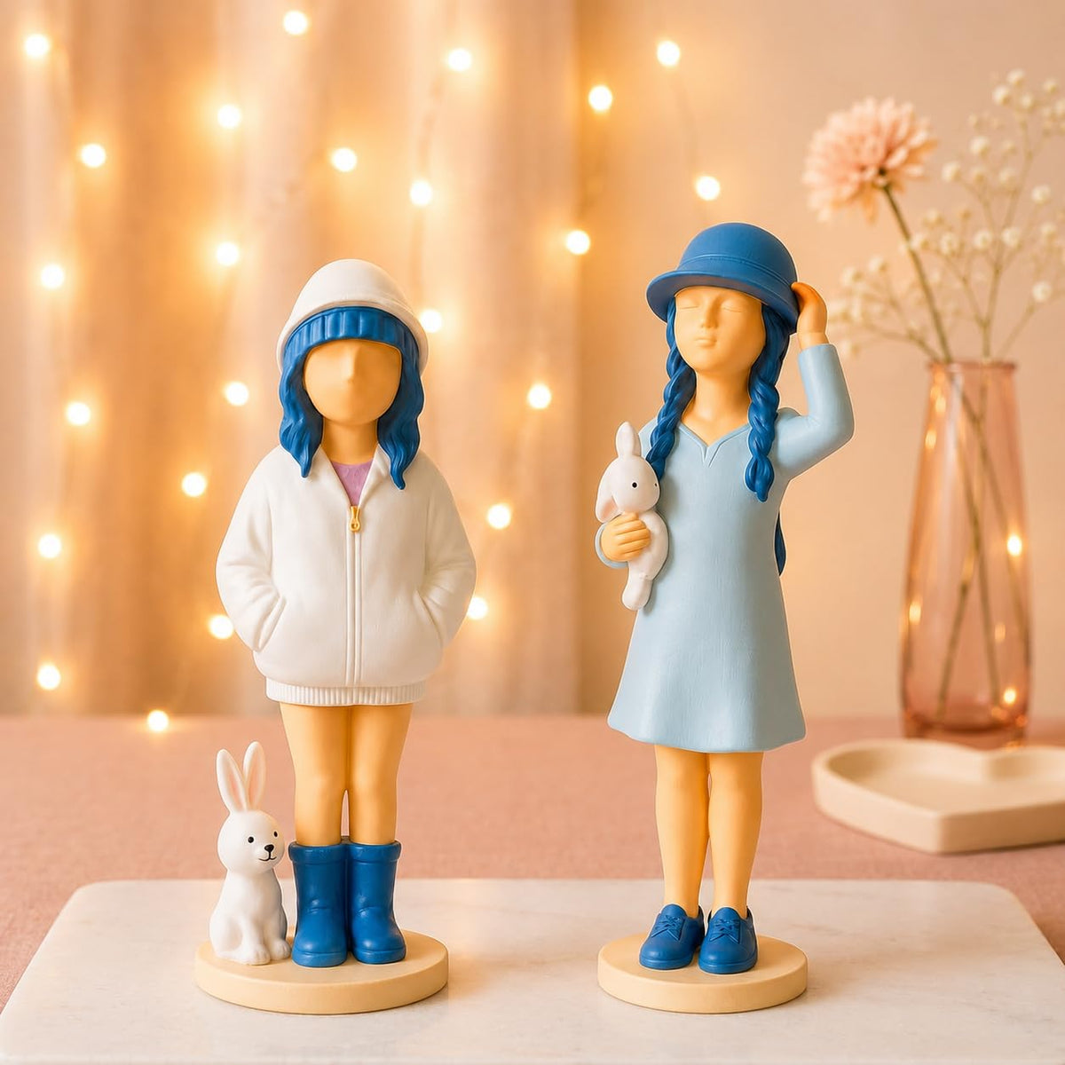 Cute Girls Statue for Home Decor | Table Decor (Pack of 2, White & Blue)