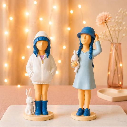 Cute Girls Statue for Home Decor | Table Decor (Pack of 2, White & Blue)
