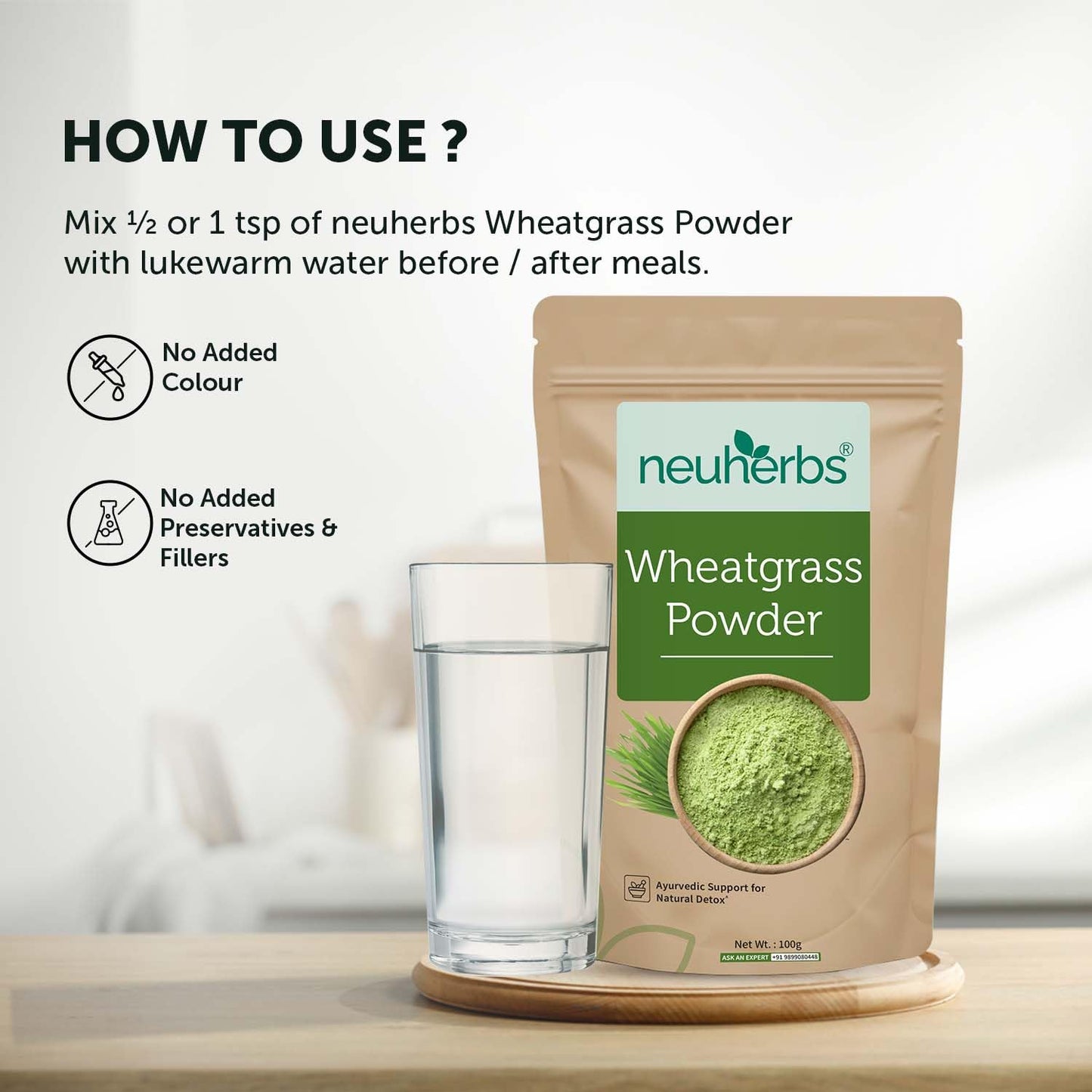 Neuherbs Wheatgrass Powder - 100g | Wheat Grass Powder | Ayurvedic Support For Natural Detox & Boost Immunity | 100% Pure & Natural With No Added Preservatives
