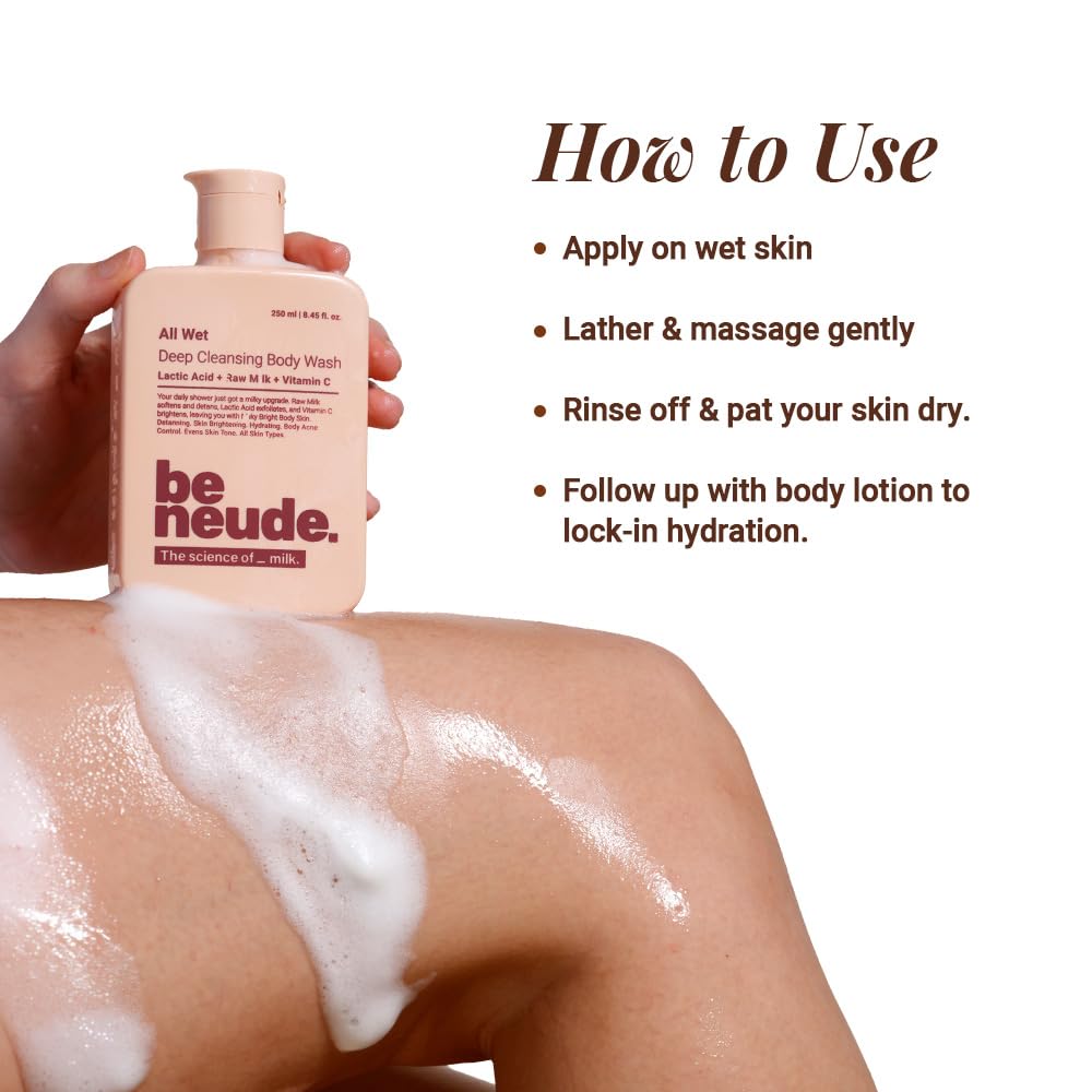 Be Neude All Wet 250ml De-Tan Body Wash with Milk, Lactic Acid, Vitamin C for Skin Brightening, Dark Spot & Pigmentation Reduction; Deep Cleansing Shower Gel Prevents Dryness & Body Acne for Men & Women