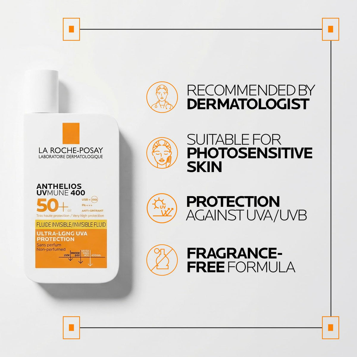 La Roche-Posay sunscreen bottle with product features on a white background