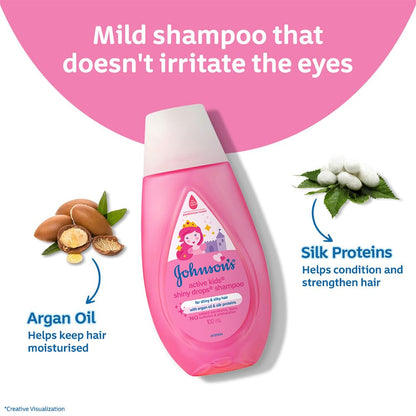 Johnson's Baby Active Kids Shiny Drops Shampoo, 200ml | With Argan Oil & Silk Proteins | For Shiny & Silky Hair |Deeply Cleanses Hair & Scalp | No More Tears Formula | No Added Parabens, Dyes, Sulphates & Pthalates | Paediatrician Tested