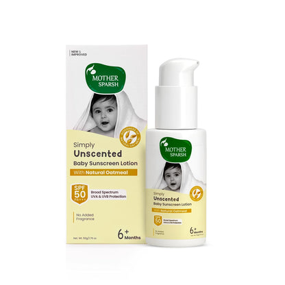 Mother Sparsh Simply Unscented Sunscreen for Baby & Kids with Natural Oatmeal -50g, with SPF 50 & UVA/UVB Protection | Fragrance-Free for Sensitive Skin