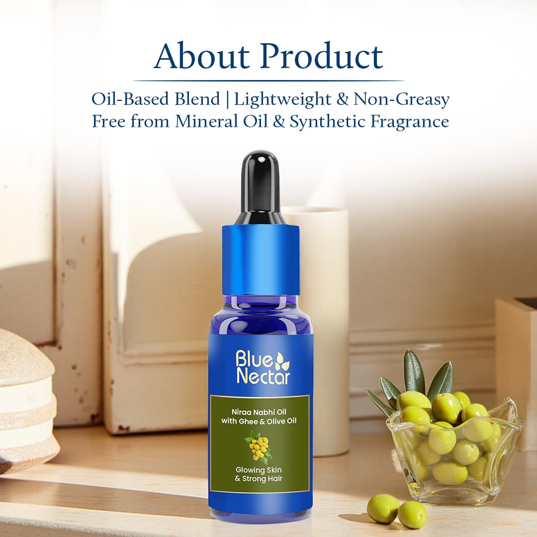 Blue Nectar Nabhi Oil with Ghee & Olive Oil | Ayurvedic Nabhya Dhara Belly Button Oil for Glowing Skin & Strong Hair | Deep Hydration & Nourishment (22 Herbs, 10ml)