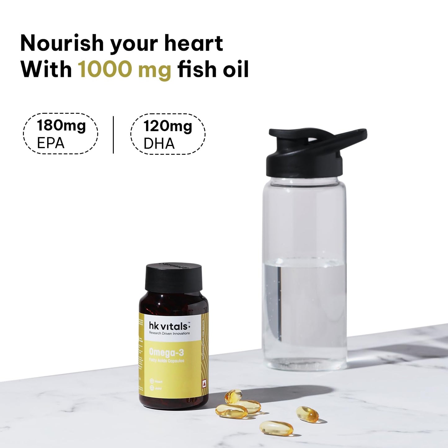 Hk vitals Omega 3 (90 Fish Oil Capsules) | 1000mg Omega 3 with 180mg EPA & 120mg DHA | For Brain, Heart, Eyes, and Joints Health