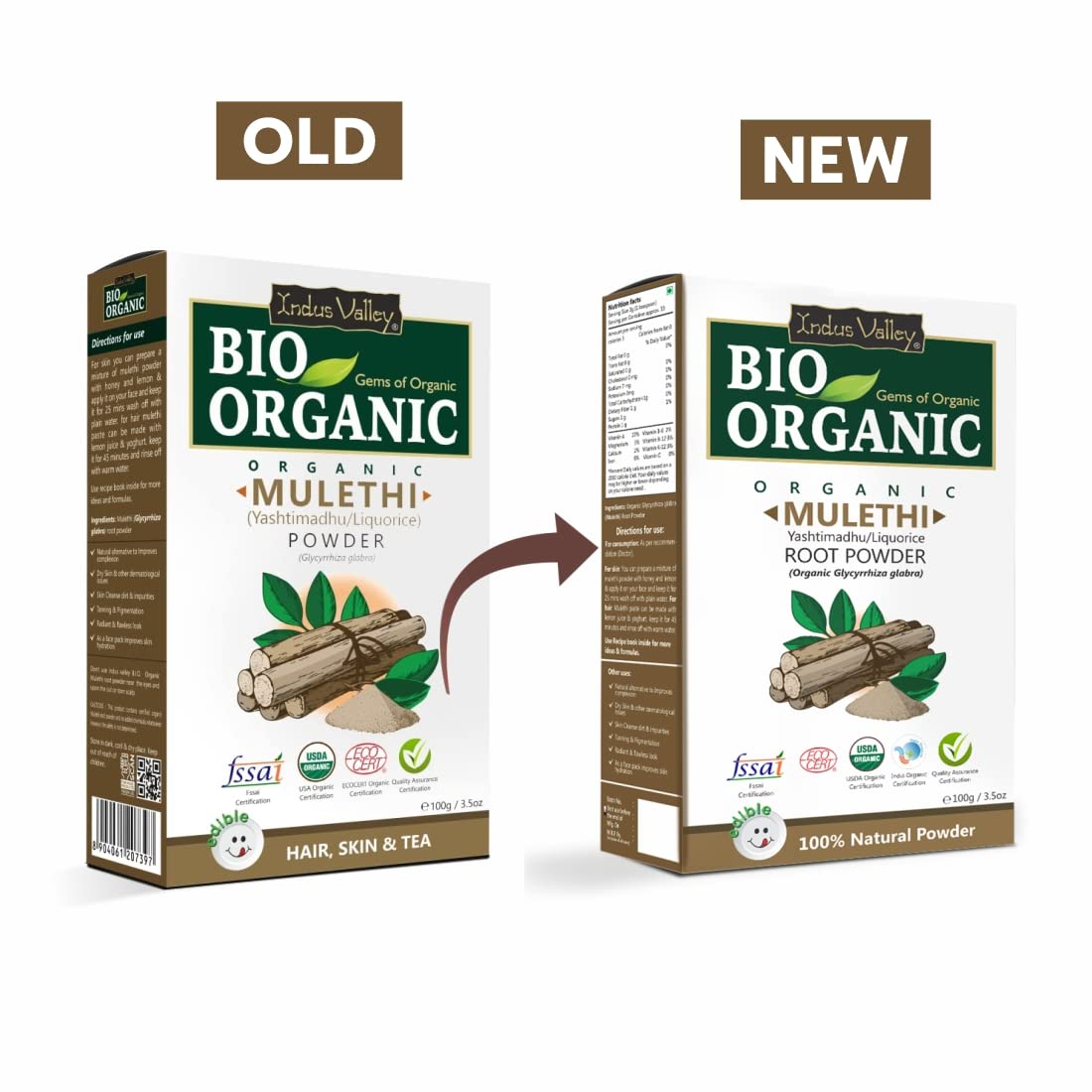 Comparison of an old and new Bio Organic Mulethi packaging on a white background