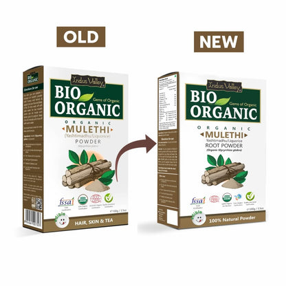Comparison of an old and new Bio Organic Mulethi packaging on a white background