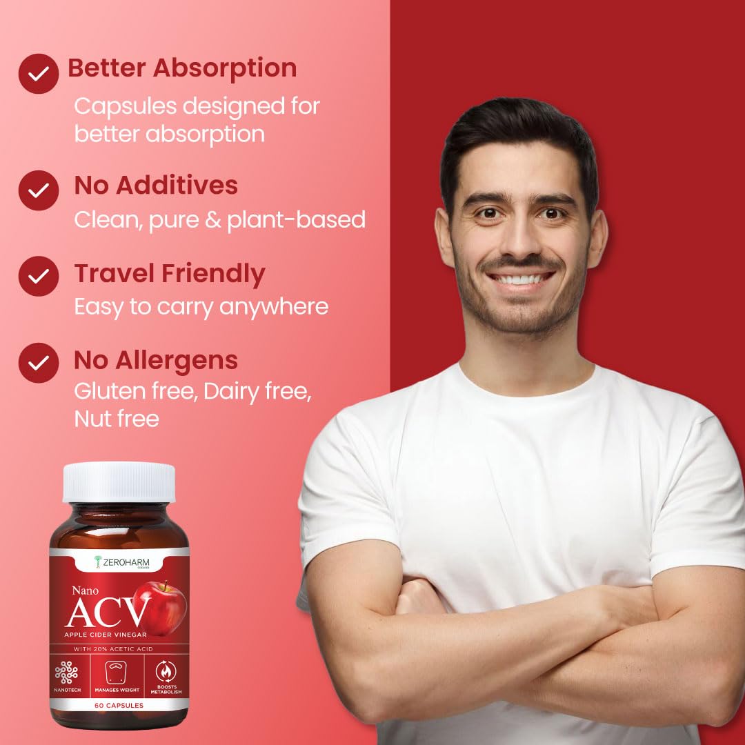 ZEROHARM Nano Apple Cider Vinegar (ACV) 500mg with 20% Acetic Acid | Supports Metabolism, Cravings & Appetite Control | Aids Gut Health, Digestion & Weight Management | Men & Women | 60 Capsules