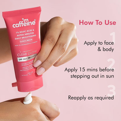 Caffeine skincare product with application instructions on a pink background