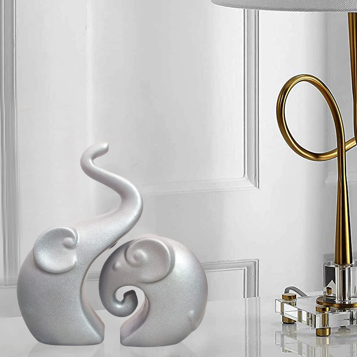Muted Metallic Matte Silver Home Decor Elephant Couple Ceramic Figurines | Launched for the First time in India - (Set of 2, Silver)