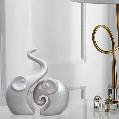 Muted Metallic Matte Silver Home Decor Elephant Couple Ceramic Figurines | Launched for the First time in India - (Set of 2, Silver)