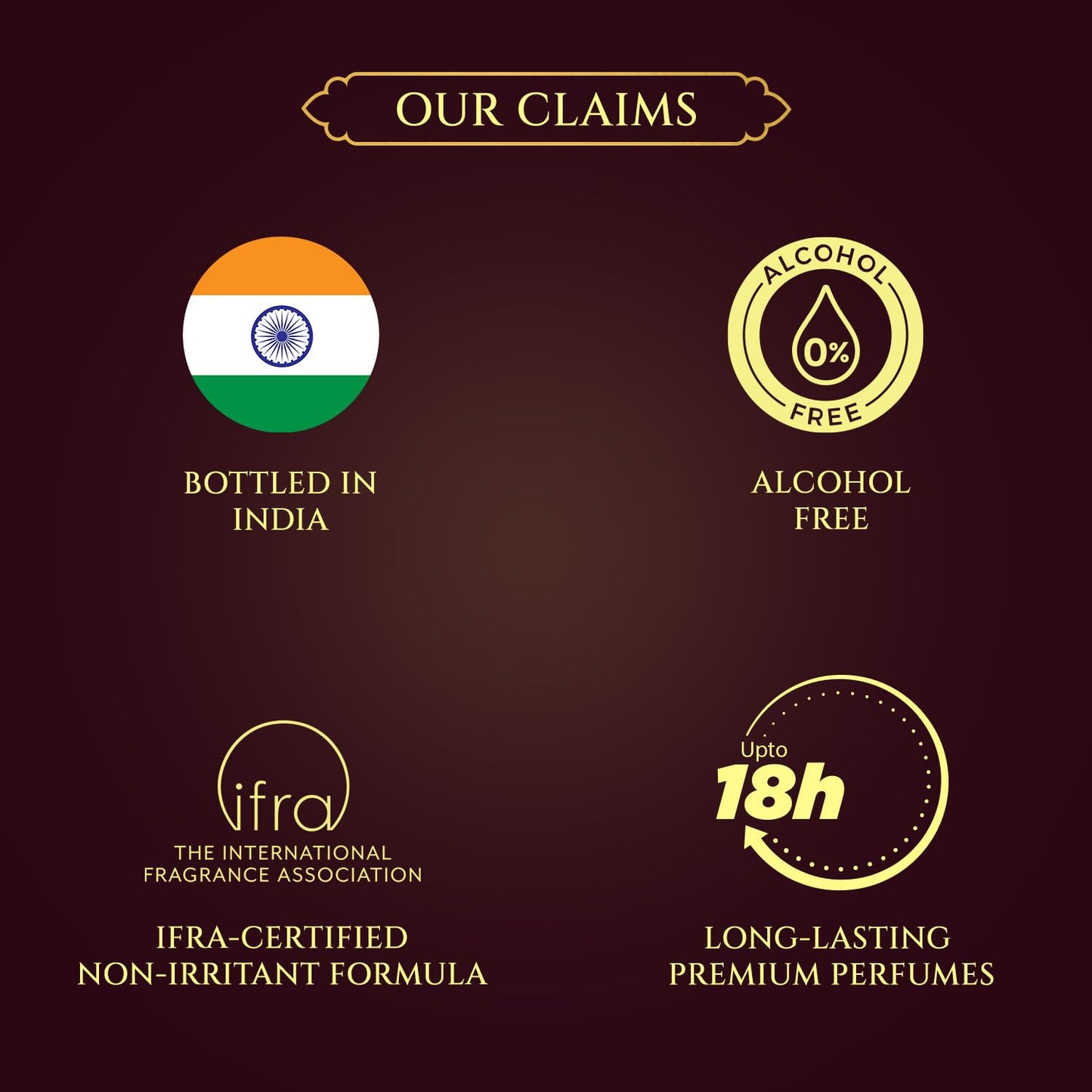 Product claims including 'Bottled in India', 'Alcohol Free', 'IFRA-Certified Non-Irritant Formula', and 'Long-Lasting Premium Perfumes' on a brown background.