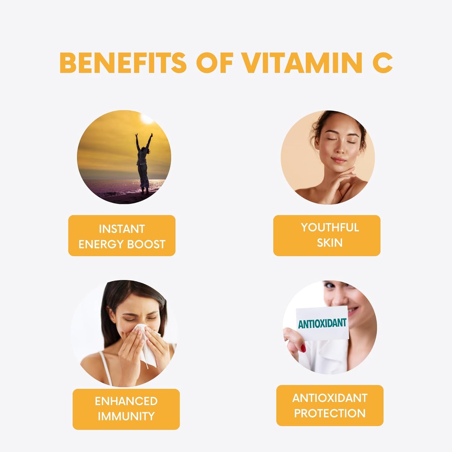 Diagram showing benefits of vitamin C with icons and text on a white background