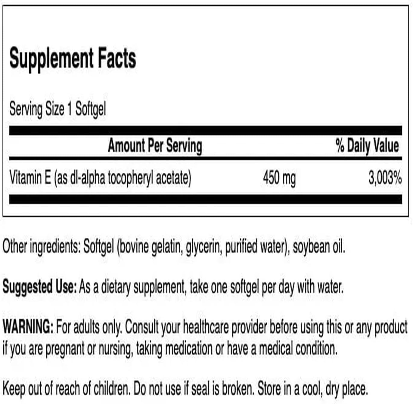 Supplement facts label for a vitamin E supplement with serving size, amount per serving, and other details.