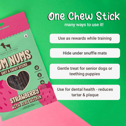 Yum Nums by HUFT Soft & Chewy Sticks - 70gm | Strawberry & Chicken | Dog Treats for Puppy & Adult Dogs | Training Treats for Small Dogs | Dog Snacks & Treats | Healthy & Tasty