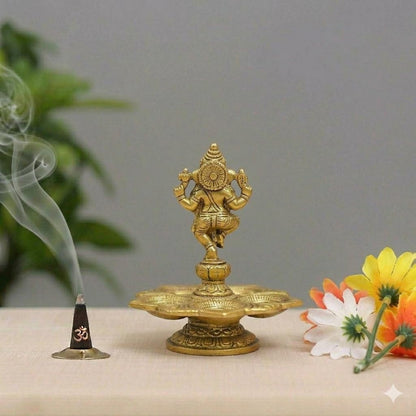 Handcrafted Heavy Brass Dancing Ganesha Statue - Golden Finish Nritya Ganpati Idol for Home Decor, Office, Temple & Gifting