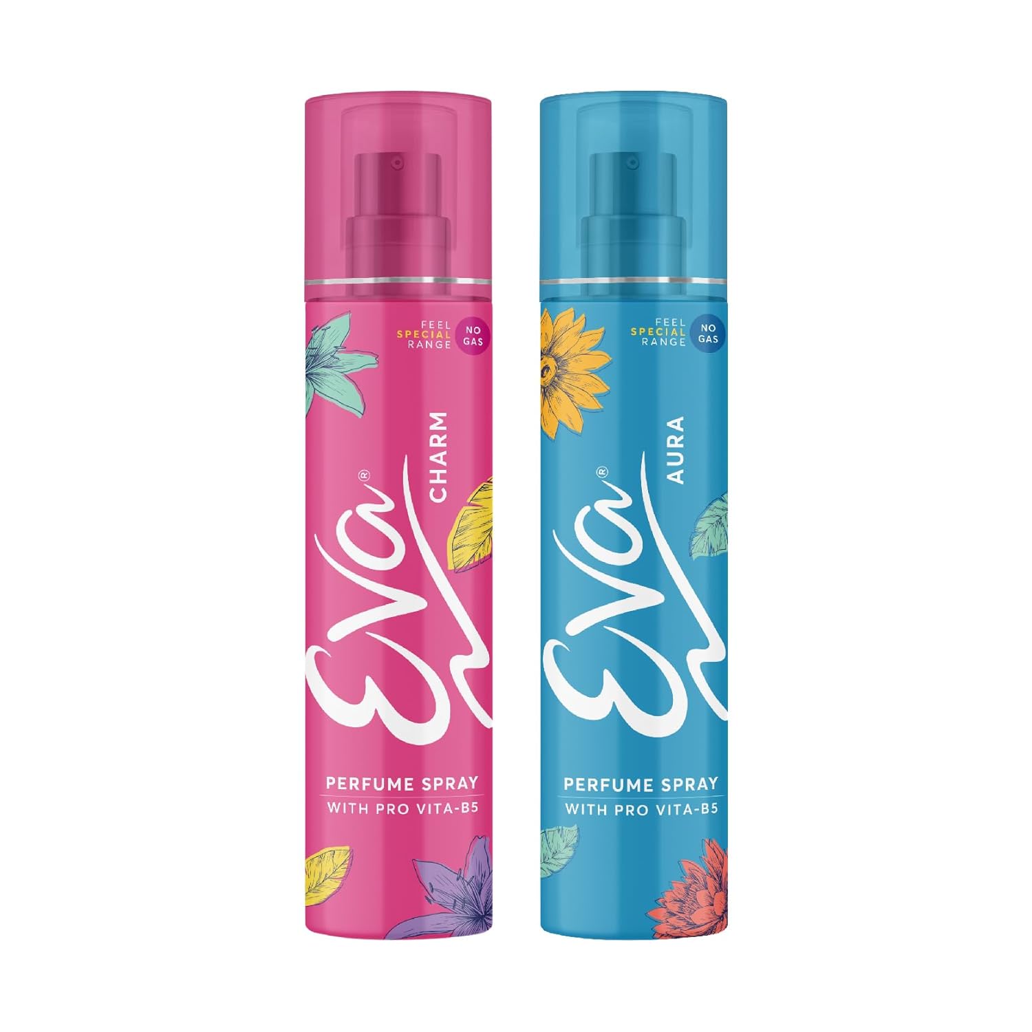 Two perfume sprays, one pink and one blue, on a white background