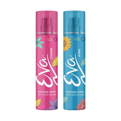 Two perfume sprays, one pink and one blue, on a white background