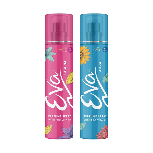 Two perfume sprays, one pink and one blue, on a white background