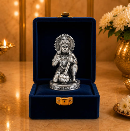 Gold Art India Hanuman Idol 999 Silver Plated | 2.8 Inch Antique Matte Bajrangbali Murti with Velvet Gift Box for Home Temple, Office Desk & Car Dashboard