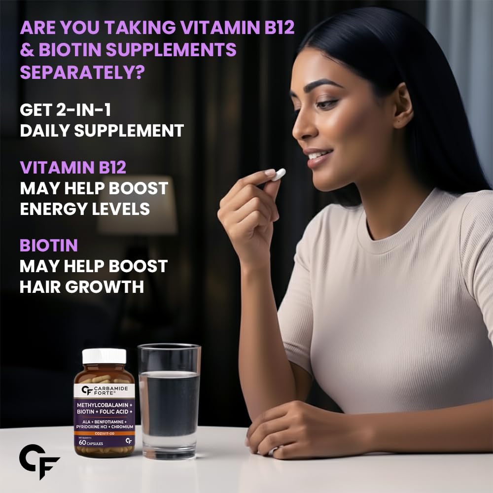 Carbamide Forte Vitamin B12 Supplement with added Biotin | B12 Supplement for Men&Women | Methylcobalamin 1500mcg with Biotin 5000mcg - 60 Capsules
